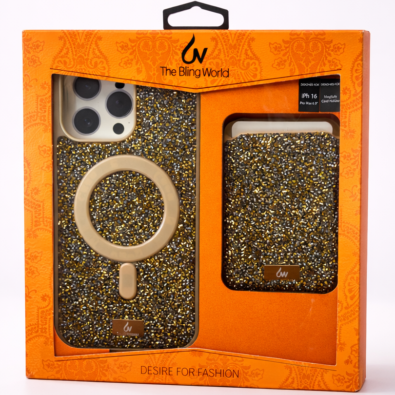 The Bling World iPhone 16 Pro Max Case with Card Holder Gold