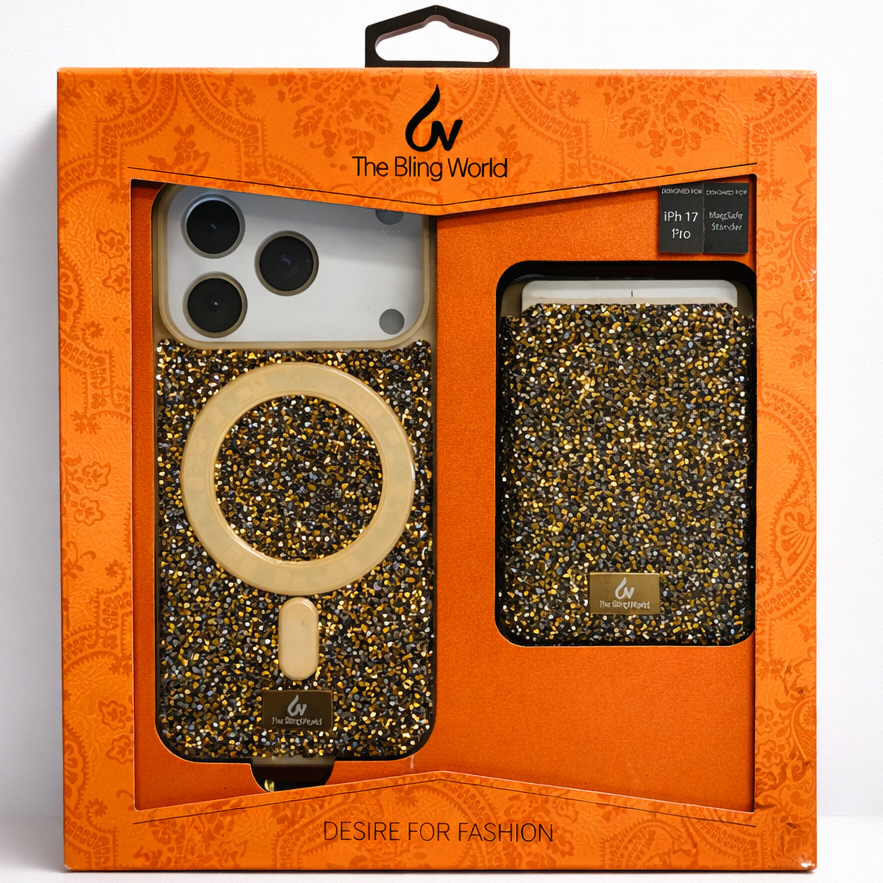 The Bling World iPhone 17 Pro Case with Card Holder Gold