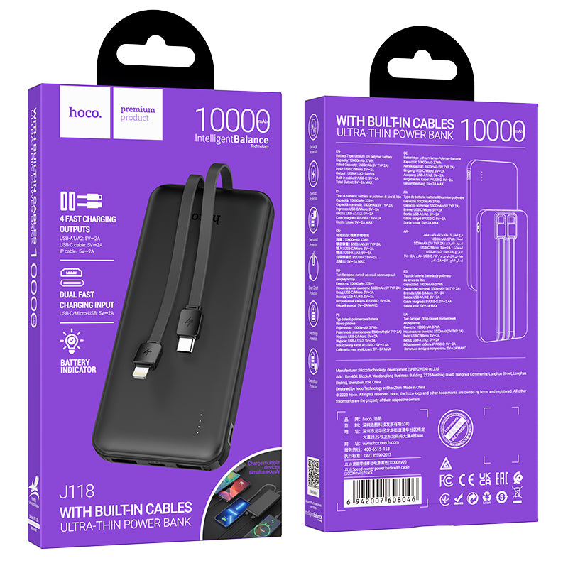 HOCO J118 Speed energy power bank with cable(10000mAh) black