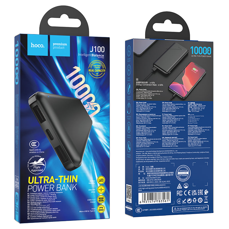 Hoco J100 10000mAh Ultra-Thin Power Bank - Black