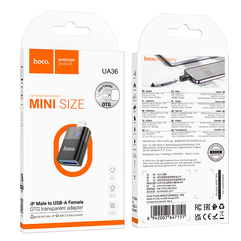 HOCO UA36 iP male to USB female OTG transparent adapter black