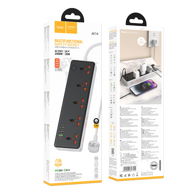HOCO AC14 Rico 5-position socket(PD30W/1C3A)(US) black