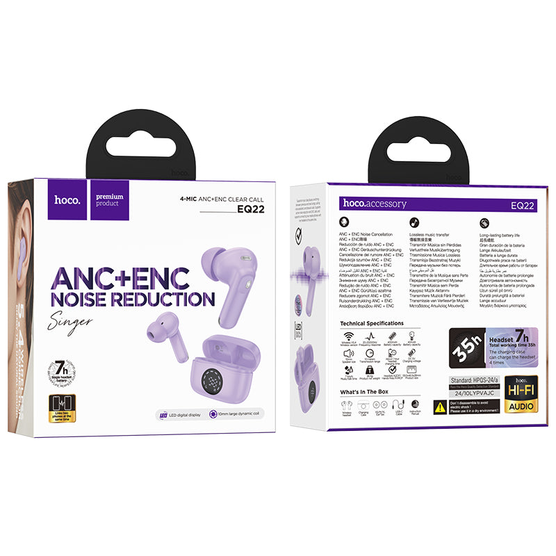 HOCO EQ22 Singer true wireless ANC+ENC noise reduction BT headset taro purple
