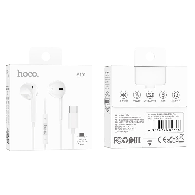 HOCO M101 Pro Crystal sound Type-C wire-controlled digital earphones with microphone White