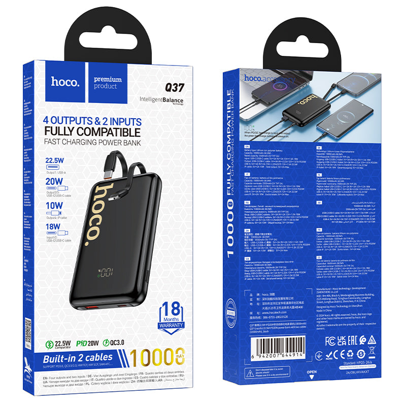 HOCO Q37 Graceful 22.5W+PD20W power bank with two cables(10000mAh) black