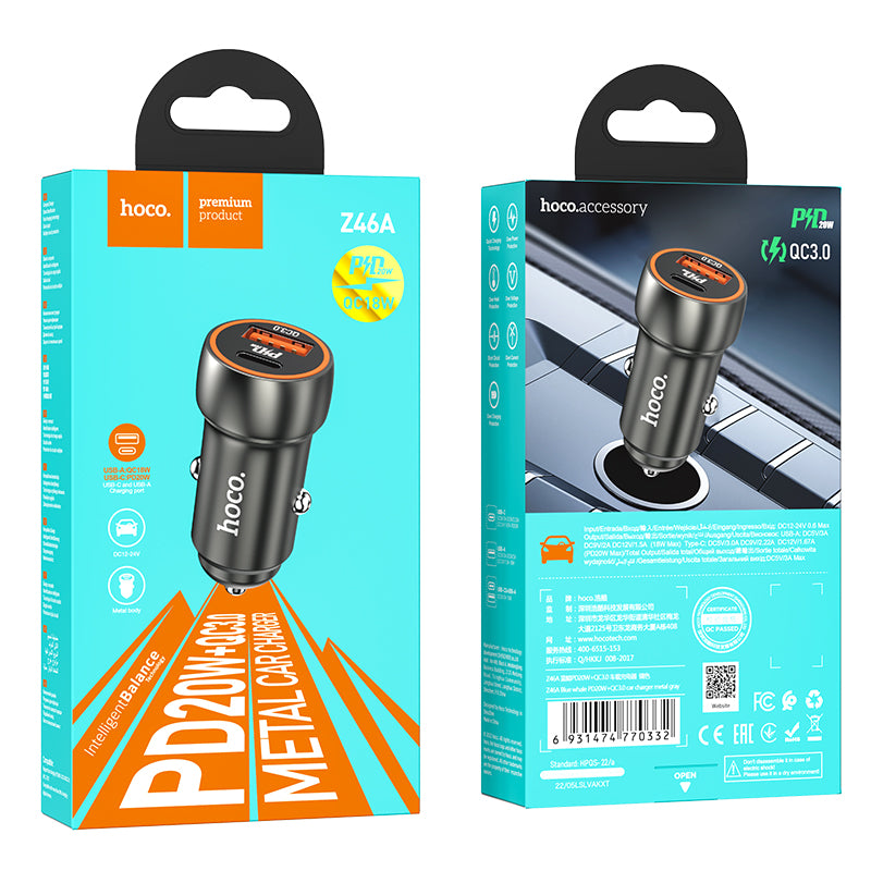 HOCO Z46A Blue whale PD20W+QC3.0 car charger metal Gray
