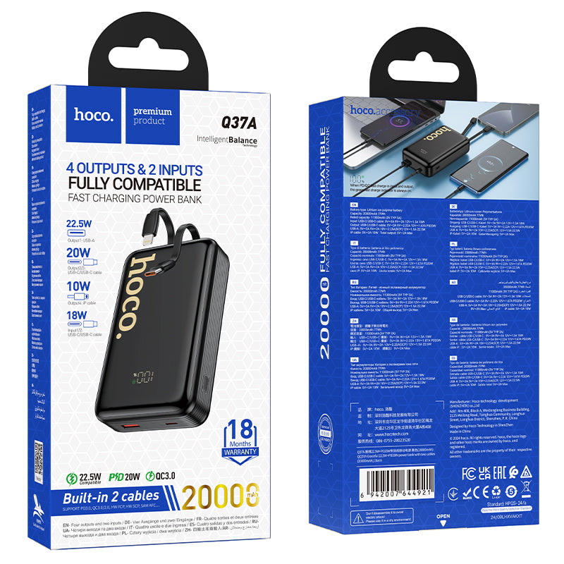 HOCO Q37A Graceful 22.5W+PD20W power bank with two cables(20000mAh) black