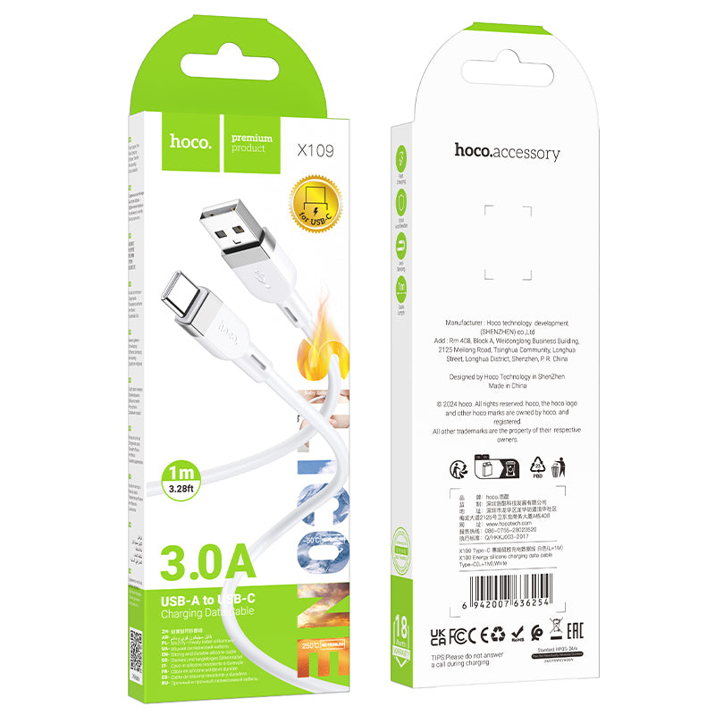 HOCO X109 Energy silicone charging data cable Type-C(L=1M) white