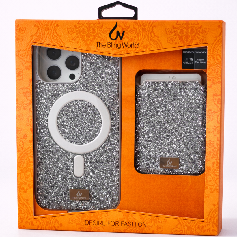 The Bling World iPhone 16 Pro Max Case with Card Holder Silver