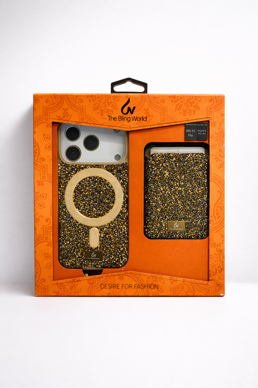 The Bling World iPhone 17 Pro Case with Card Holder Gold