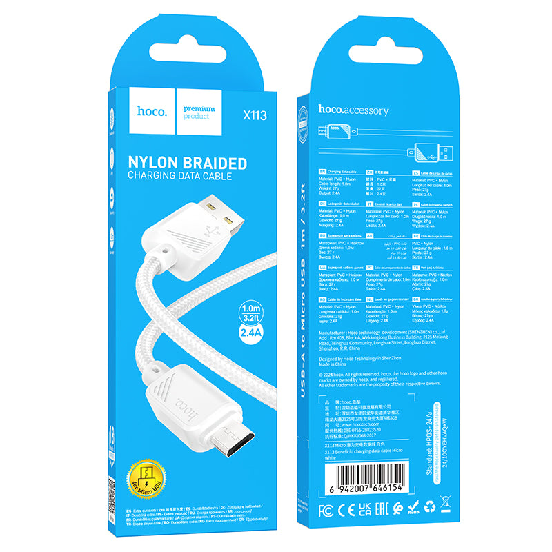 HOCO X113 Beneficio charging data cable Micro white