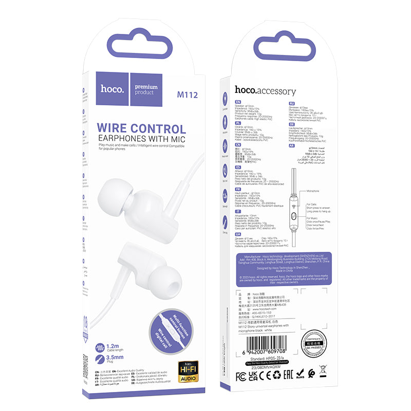 HOCO M112 Story universal earphones with microphone white
