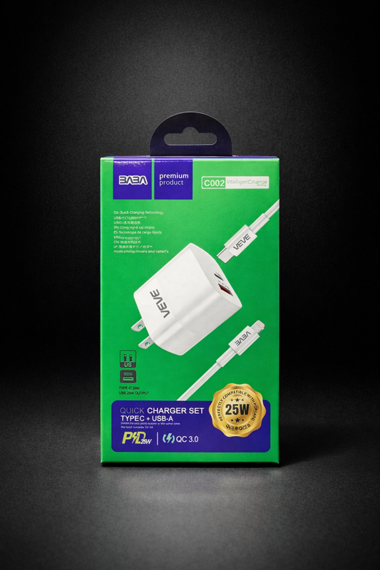 3A3A 25W Quick Charger Type C + USB A With Type-C to Lightning Cable