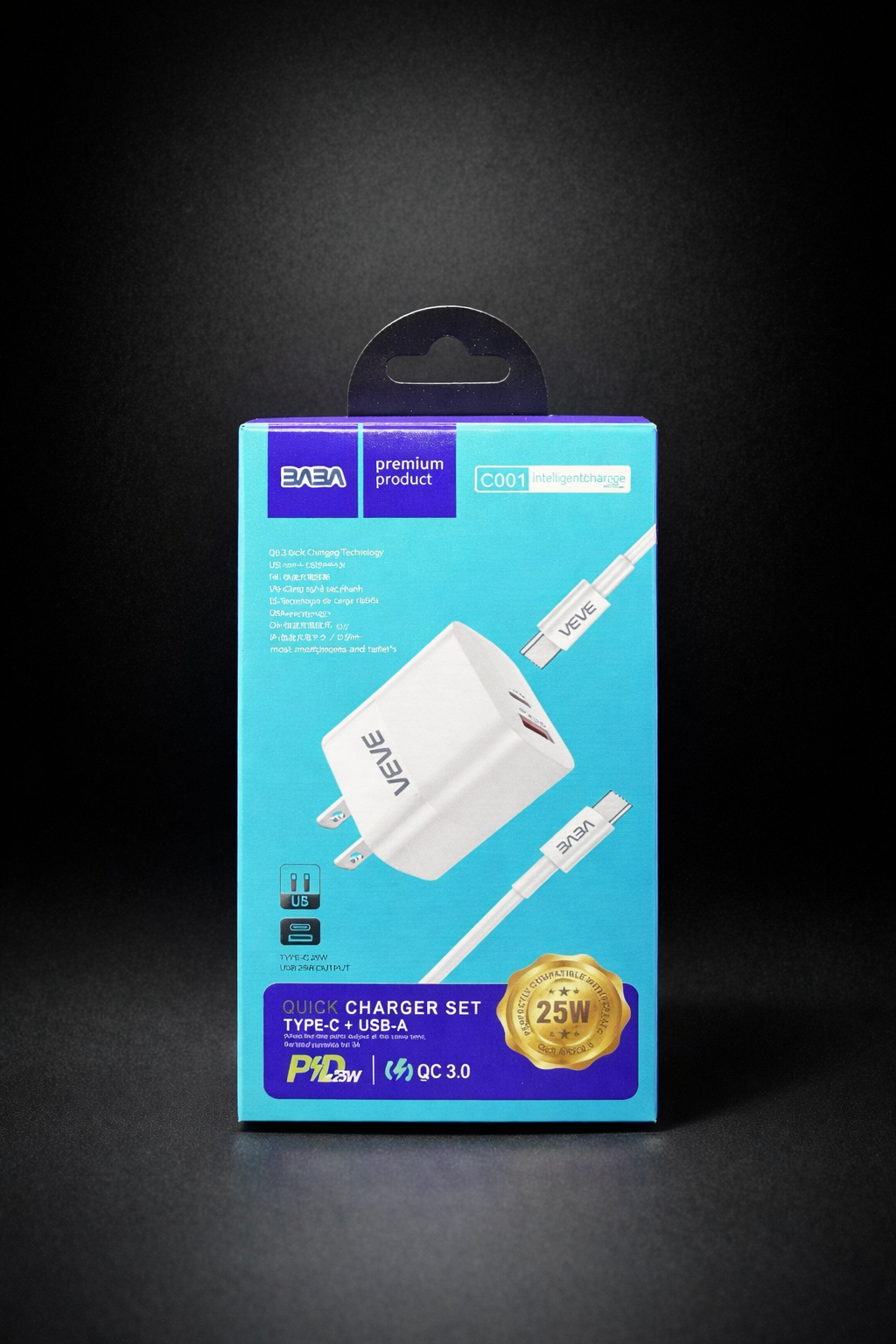 3A3A 25W Quick Charger Type C + USB A With Type-C to Type-C Cable