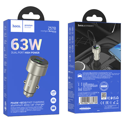 HOCO Z57B Glorious 63W dual-port digital display PD45W+QC3.0 car charger metal Gray