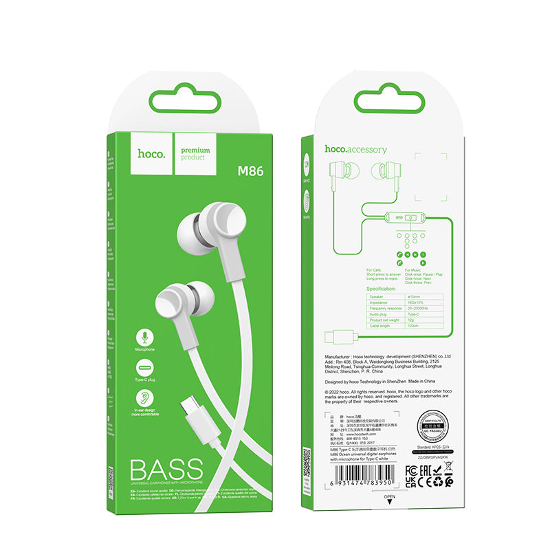 M86 Ocean universal digital earphones with microphone for Type-C-White
