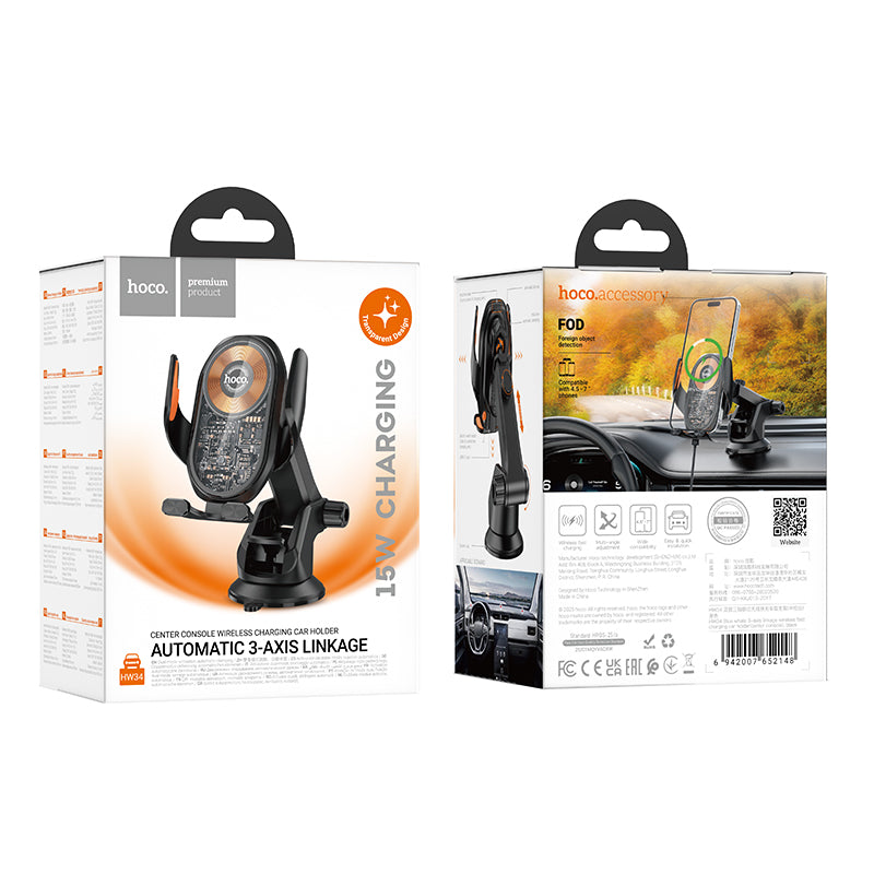 HOCO HW34 Blue whale 3-axis linkage wireless fast charging car holder(center console) black