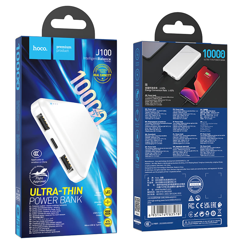 Hoco J100 10000mAh Ultra-Thin Power Bank - Black