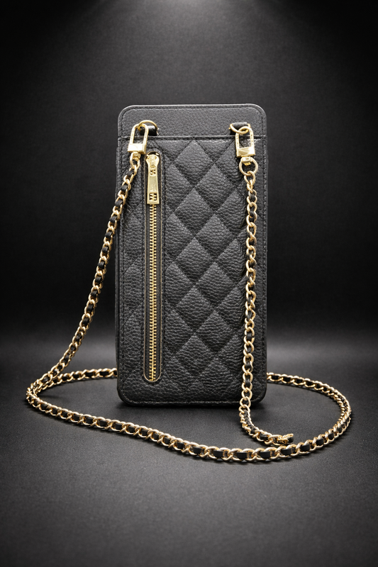 Black Designer Phone Wallet With Strap