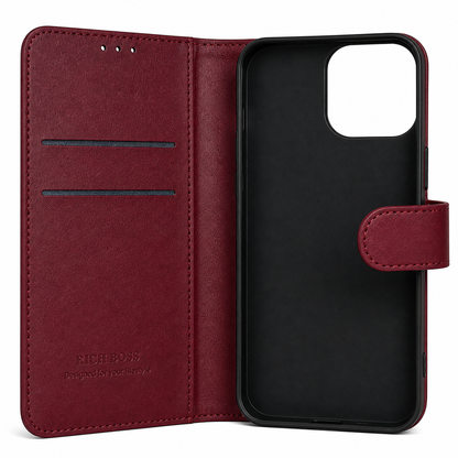 RichBoss Leather Folio Case for iPhone 14 Pro - Burgundy/Pink