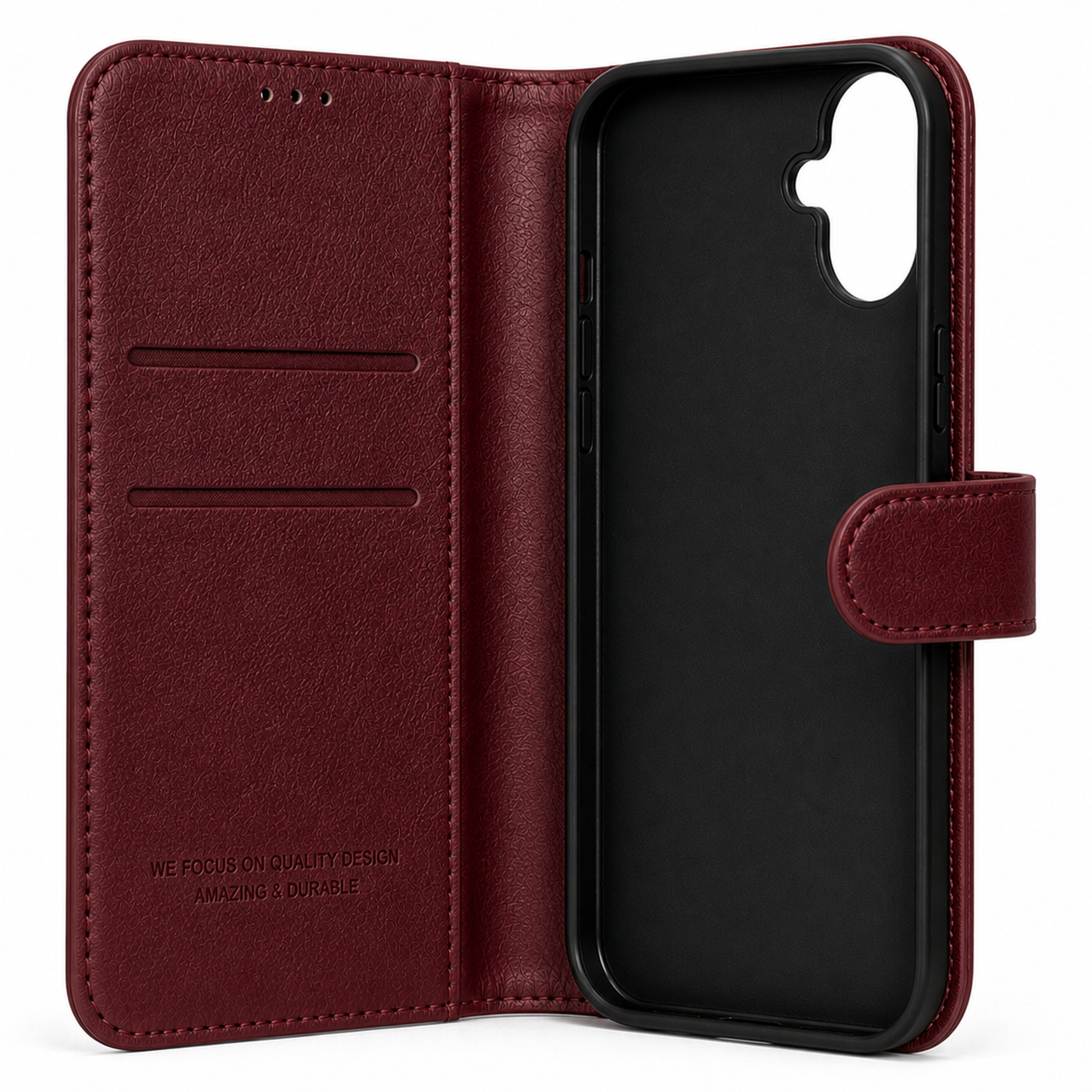 RichBoss Leather Folio Case for iPhone 16 Plus - Burgundy