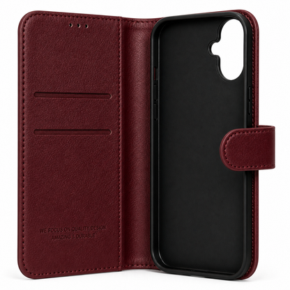 RichBoss Leather Folio Case for iPhone 16 Plus - Burgundy