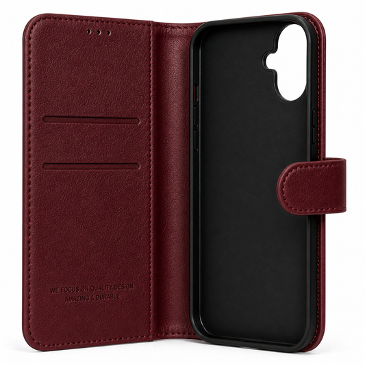 RichBoss Leather Folio Case for iPhone 16 Plus - Burgundy