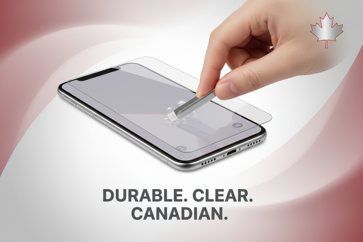 Compact banner showing close-up of a screen protector being applied to a smartphone. Add a small floating maple leaf icon near the corner. Use a white-to-light-gray background with red gradient edges. Text: “Durable. Clear. Canadian.” in large bold font. Minimal design, balanced spacing for smaller height areas.
